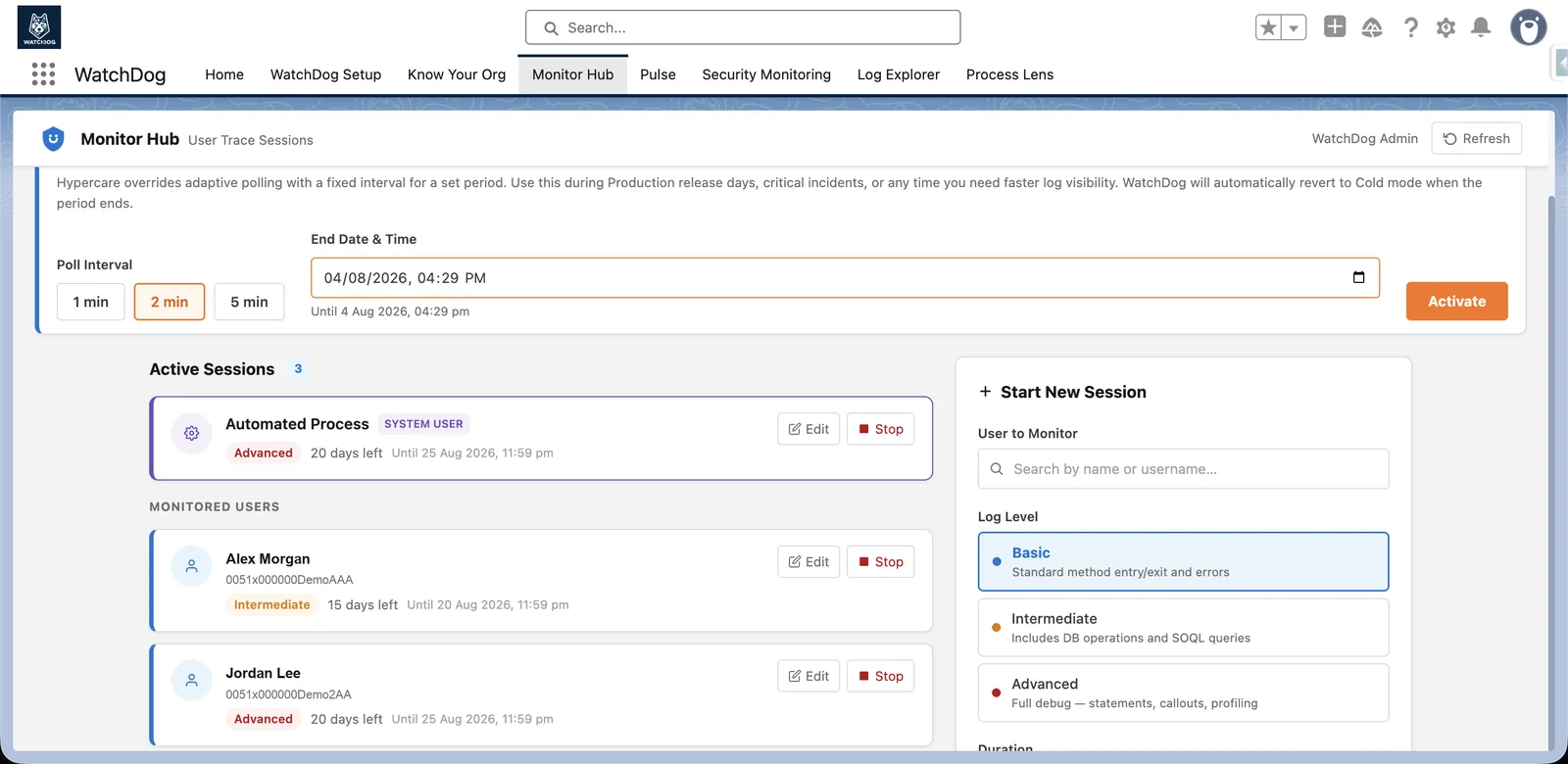 WatchDog Monitor Hub with hypercare poll interval and end date being set