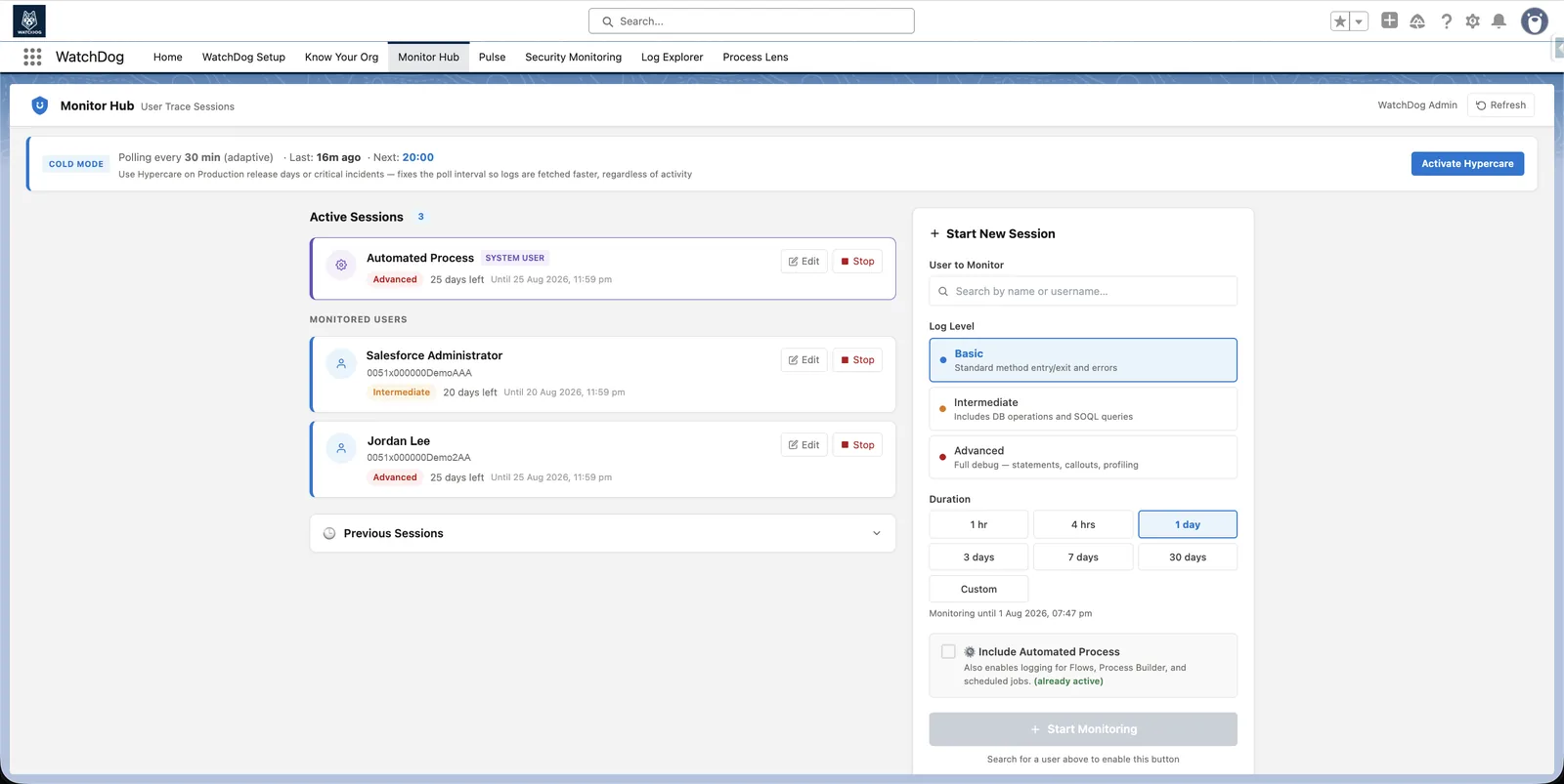 WatchDog Monitor Hub listing active user trace sessions and log levels