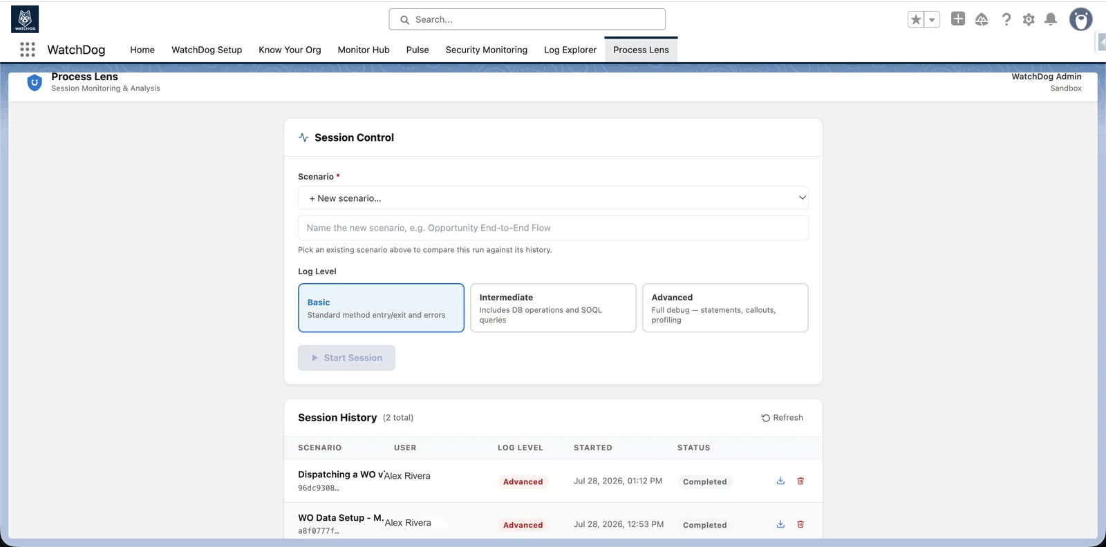 WatchDog Process Lens session control with scenario picker, log level and session history